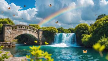 Waterfall Scene with Stone Bridge and Rainbow with Butterflies Flying photo