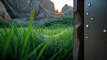 Dew Covered Spiderweb in Grassy Field at Dawn with Mountains photo
