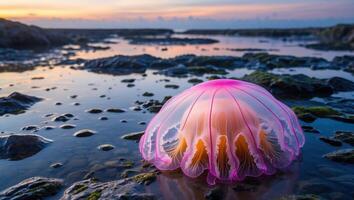 Pink Jellyfish Resting on Rocky Shoreline During Sunset Calm Nature photo