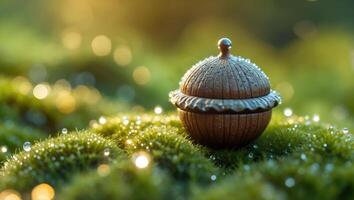 Ornamental Container on Mossy Surface with Water Droplets in Soft Light photo