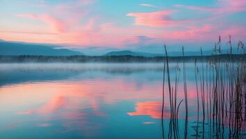 Calm Lake Reflecting Colorful Sky at Dusk with Reeds photo