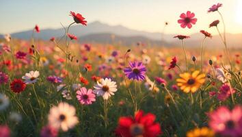 Colorful Flower Field at Sunset with Mountain Backdrop in Summertime photo