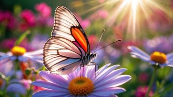 Butterfly Resting on Daisy Flower in a Field of Wildflowers photo