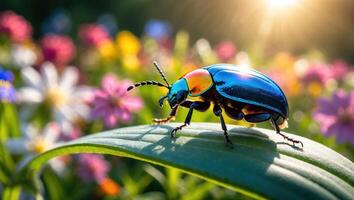Shiny Beetle Walking on Leaf in Colorful Flower Garden photo