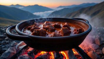 Stew Cooking Over Open Fire Against a Mountain View at Dusk photo