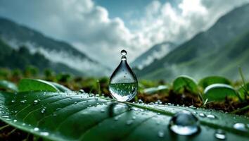 Water Drop on Leaf with Mountain Landscape Reflecting Clear Sky photo