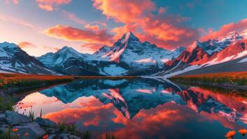 Snowy Mountain Peaks Reflected in Lake with Vibrant Sunset Sky photo