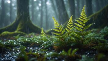 Fern Growing in Forest During Rainfall with Moss and Tree photo