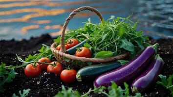 Freshly Harvested Vegetables in Wicker Basket on Soil at Market photo