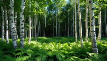 Walking Through Birch Forest with Ferns Below on a Sunny Day photo