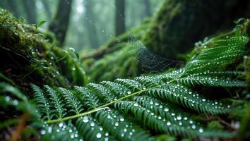 Fern Leaf with Water Droplets and Spiderweb in Lush Forest Setting photo