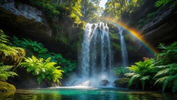 Waterfall Flowing in Lush Green Forest with Rainbow Appearance photo