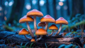 Mushrooms Growing on Log in Forest with Bokeh Background photo