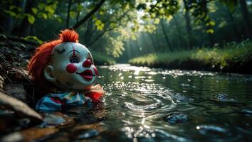 Clown Doll Floating in Stream Sunlight Forest Creepy Aesthetic photo