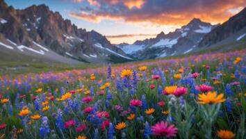 Wildflower Meadow in Mountain Valley at Sunset with Cloudy Sky photo
