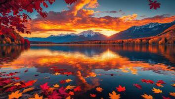 Autumn Leaves Floating on Calm Lake Reflecting Colorful Sunset Sky photo