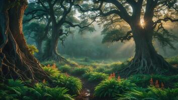 Walking Path Through Forest with Old Trees and Morning Sunlight photo
