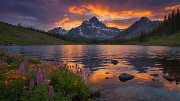 Mountain Lake Reflection at Sunset with Flowers and Colorful Sky photo