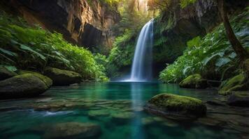 Waterfall Flowing Into Clear Turquoise Pool Surrounded by Lush Vegetation photo