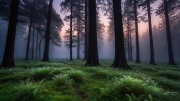 Walking Through Enchanted Forest with Fog and Ferns at Dusk photo