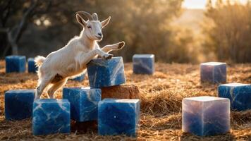 Goat Climbing Blue Cubes in Field During Golden Hour Sunlight photo