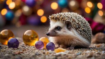 Hedgehog Resting Near Colorful Marbles with Bokeh Background photo