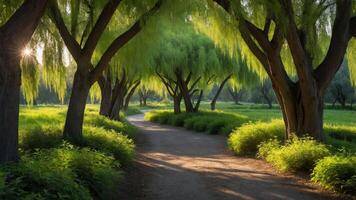 Walking Path Through Trees with Sunlight Streaming and Green Foliage photo