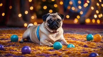 Resting Pug on Carpet Surrounded by Colorful Balls and Bokeh Lights photo
