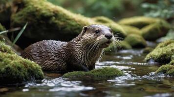 Otter Standing in Stream on Mossy Rock Looking to Side photo