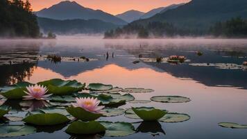 Water Lilies Floating on Lake with Mountain Backdrop at Dusk photo
