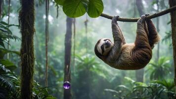 Sloth Hanging From Branch in Lush Green Rainforest Canopy photo