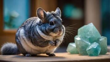 Cute Chinchilla Sitting Beside Green Crystal Gemstones in Studio Setting photo