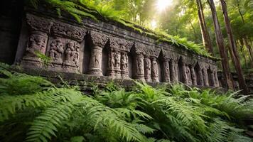 Exploring Ancient Stone Structure in Lush Green Forest with Sunlight photo