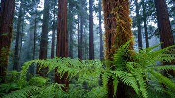 Exploring Lush Forest Floor with Ferns and Tall Redwood Trees photo