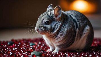 Chinchilla Sitting on Red Beads with Light Background Indoors photo