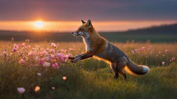 Fox Jumping in Flower Field at Sunset in Golden Hour Light photo
