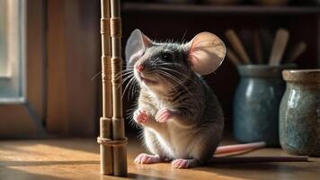 Grey Mouse Standing on Wooden Surface Looking Up in Warm Light photo