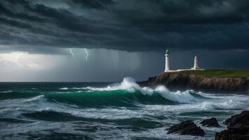 Stormy Ocean Waves Crashing on Rocky Shore with Lighthouse View photo