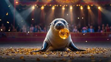 Seal Performing with Glowing Ball at Circus Performance on Stage photo