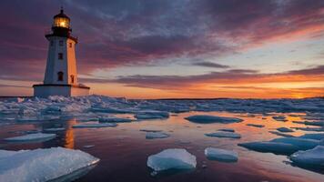 Lighthouse at Dusk with Ice Floes Reflecting the Colorful Sky photo