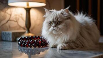 Relaxing Persian Cat Lying Next to a Bead Necklace Indoors photo