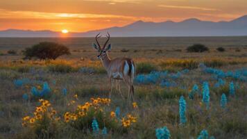Gazelle Standing in Field at Sunset with Mountains in Background photo