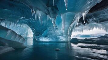 Exploring a Spectacular Ice Cave with Icicles and Reflected Light photo
