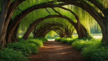 Walking Path Through Green Willow Tree Tunnel Creates Serene Ambiance photo