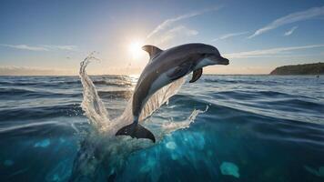 Dolphin Jumping From Ocean Water at Sunrise Creating Splashing Effect photo