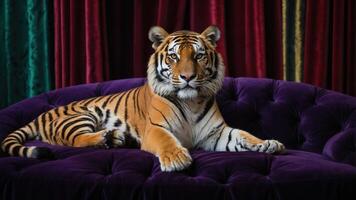 Tiger Resting Calmly on a Purple Velvet Couch with Drapes photo
