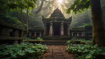 Ancient Temple Ruins in Forest with Sun Rays Shining Through Trees photo