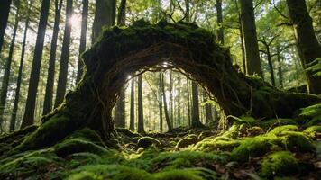 Moss Covered Arch in Forest with Sunlight Streaming Through Trees photo