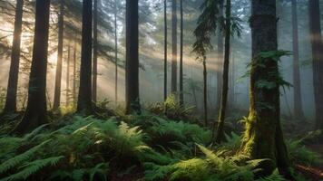 Sun Rays Through Forest Trees with Ferns in a Foggy Landscape photo