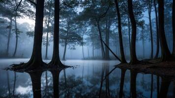 Foggy Lake Reflecting Trees in a Calm Woodland Setting photo